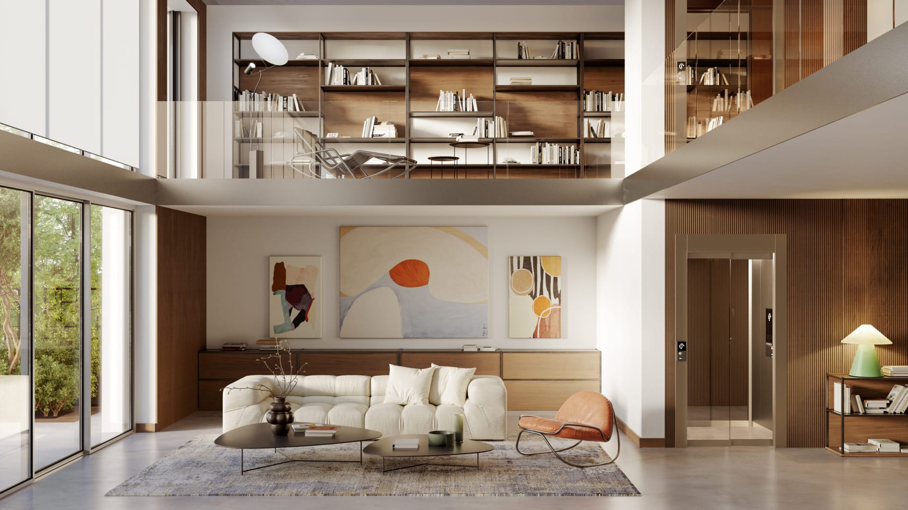 Vimec AR:IA home lift in a double-height modern living space