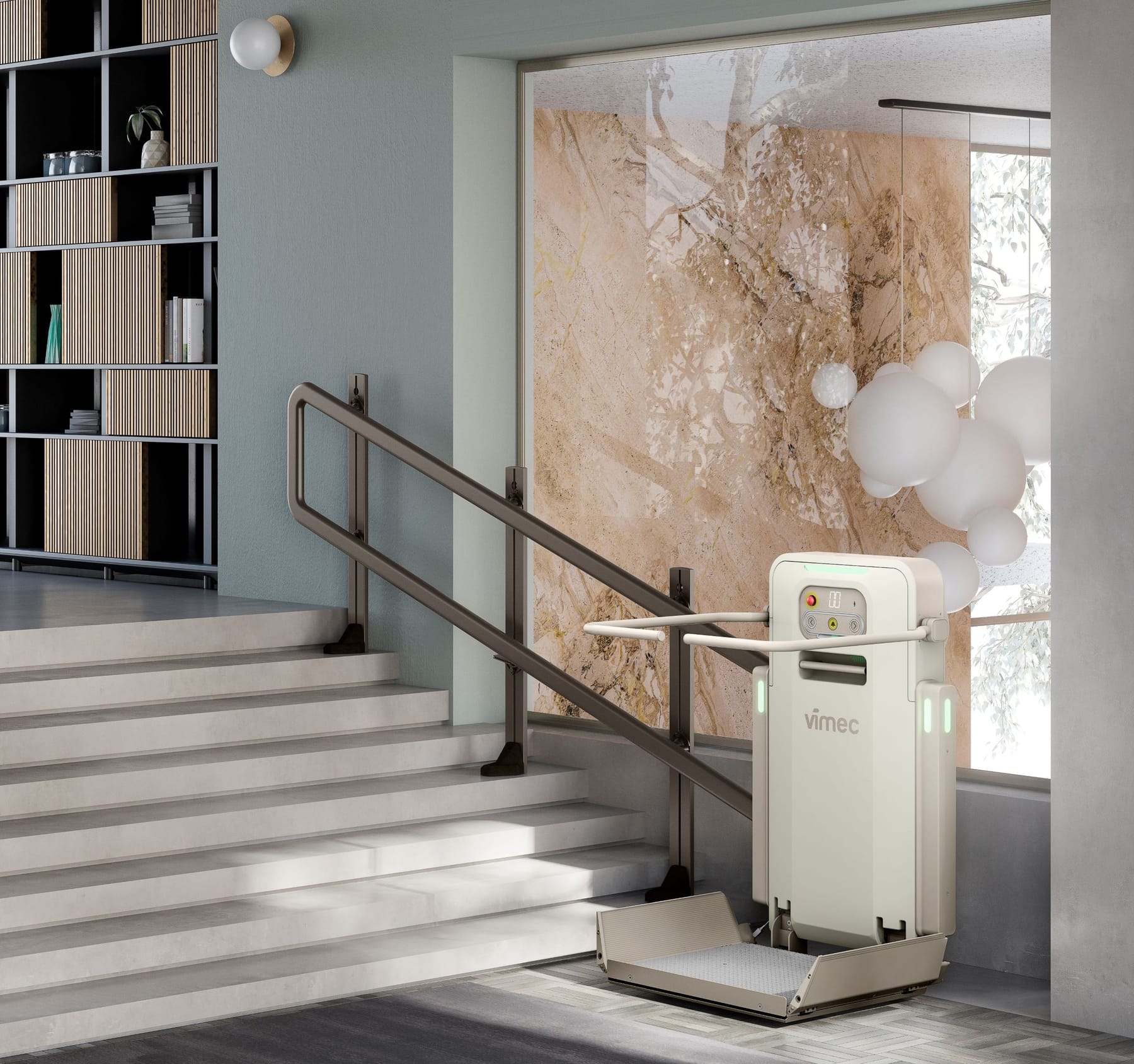 Vimec V6 platform stairlift with platform open on a straight staircase